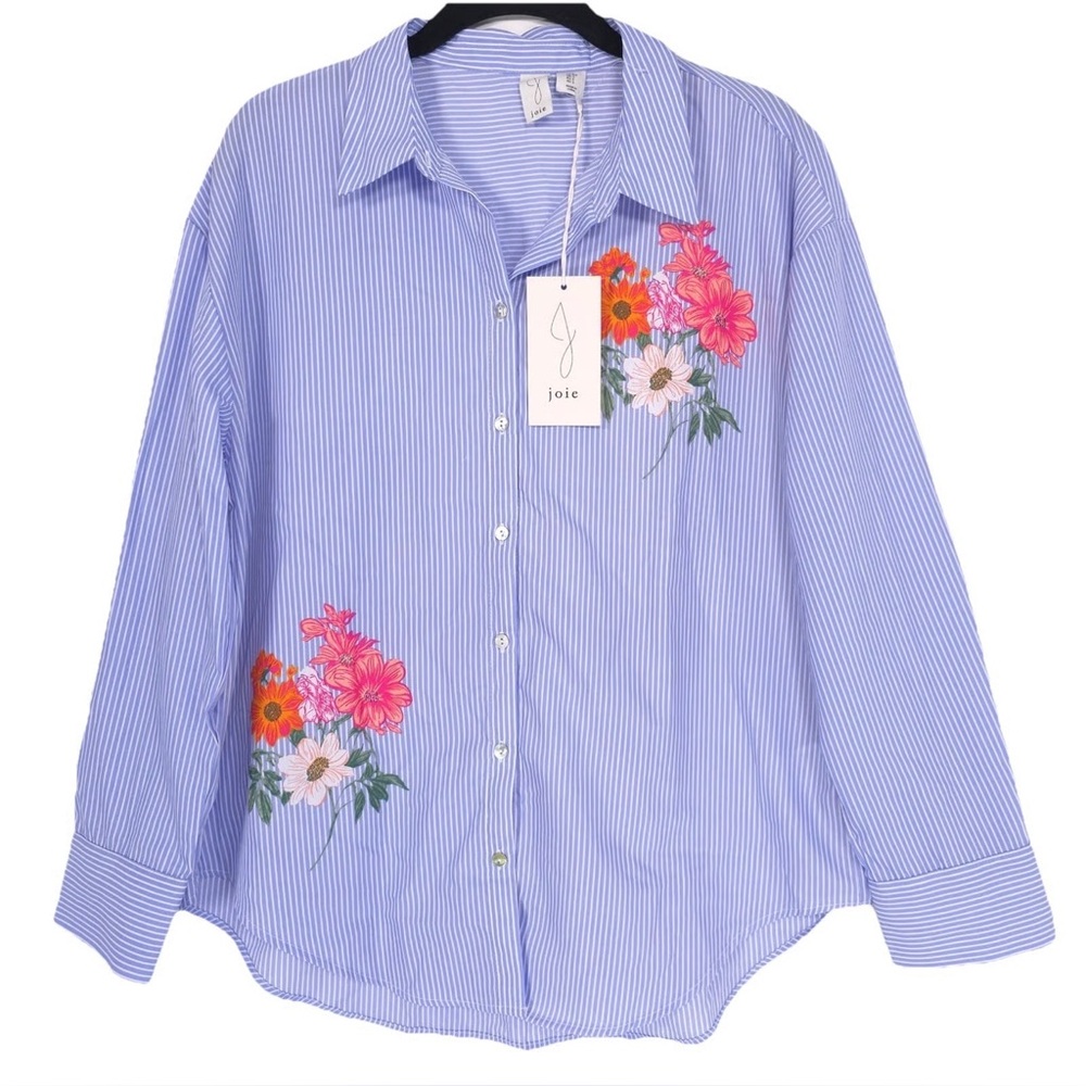 Joie NWT Blouse Blue White Striped Shirt with Floral Detail